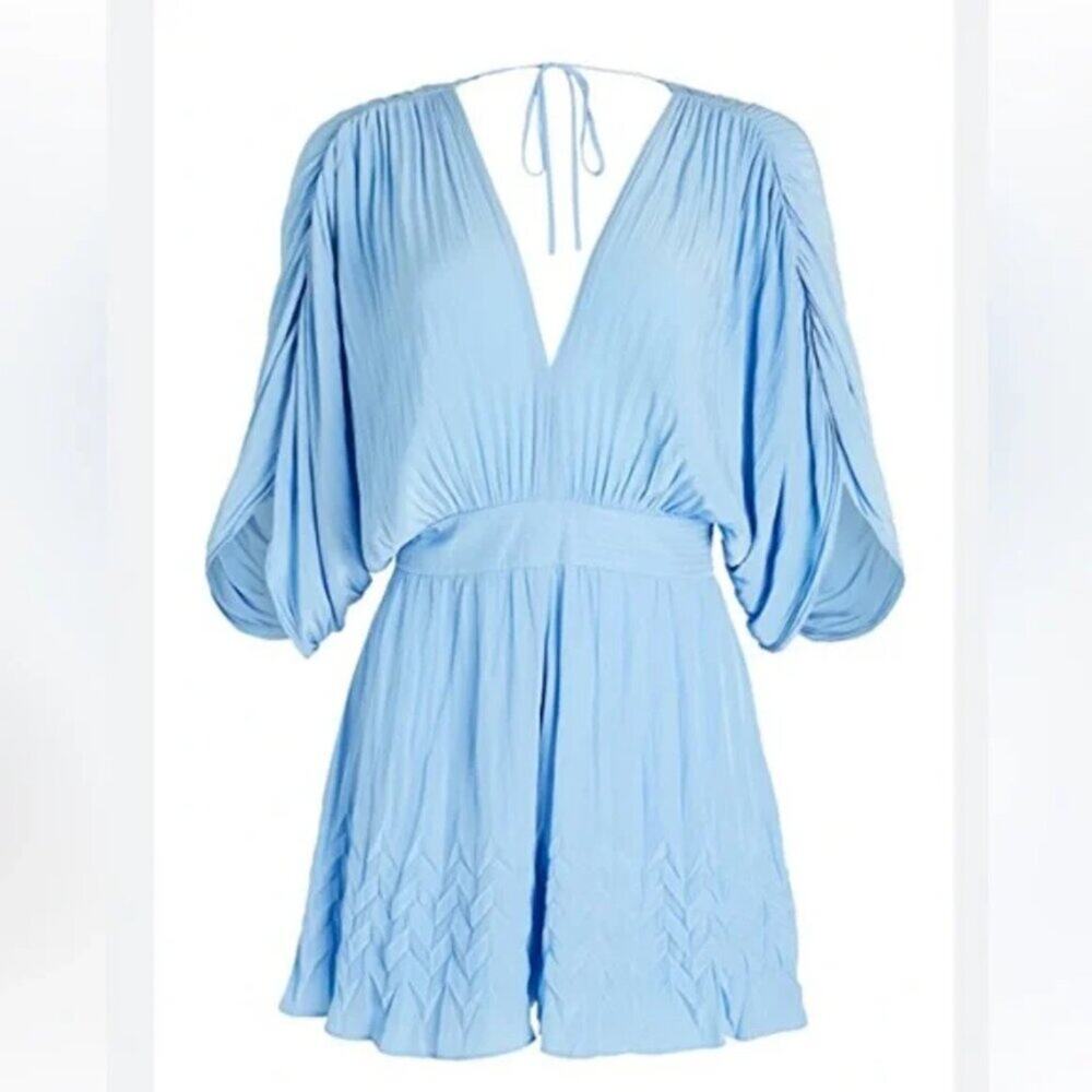 ramy brook | gweneth plunge neck ruched satin cloud blue romper sz 0